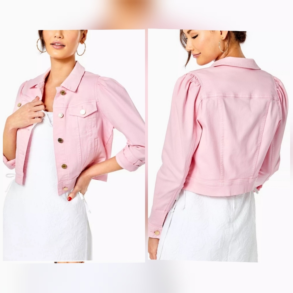 LILLY PULITZER Laylani Fitted Puff Sleeves Denim Jacket pink size small